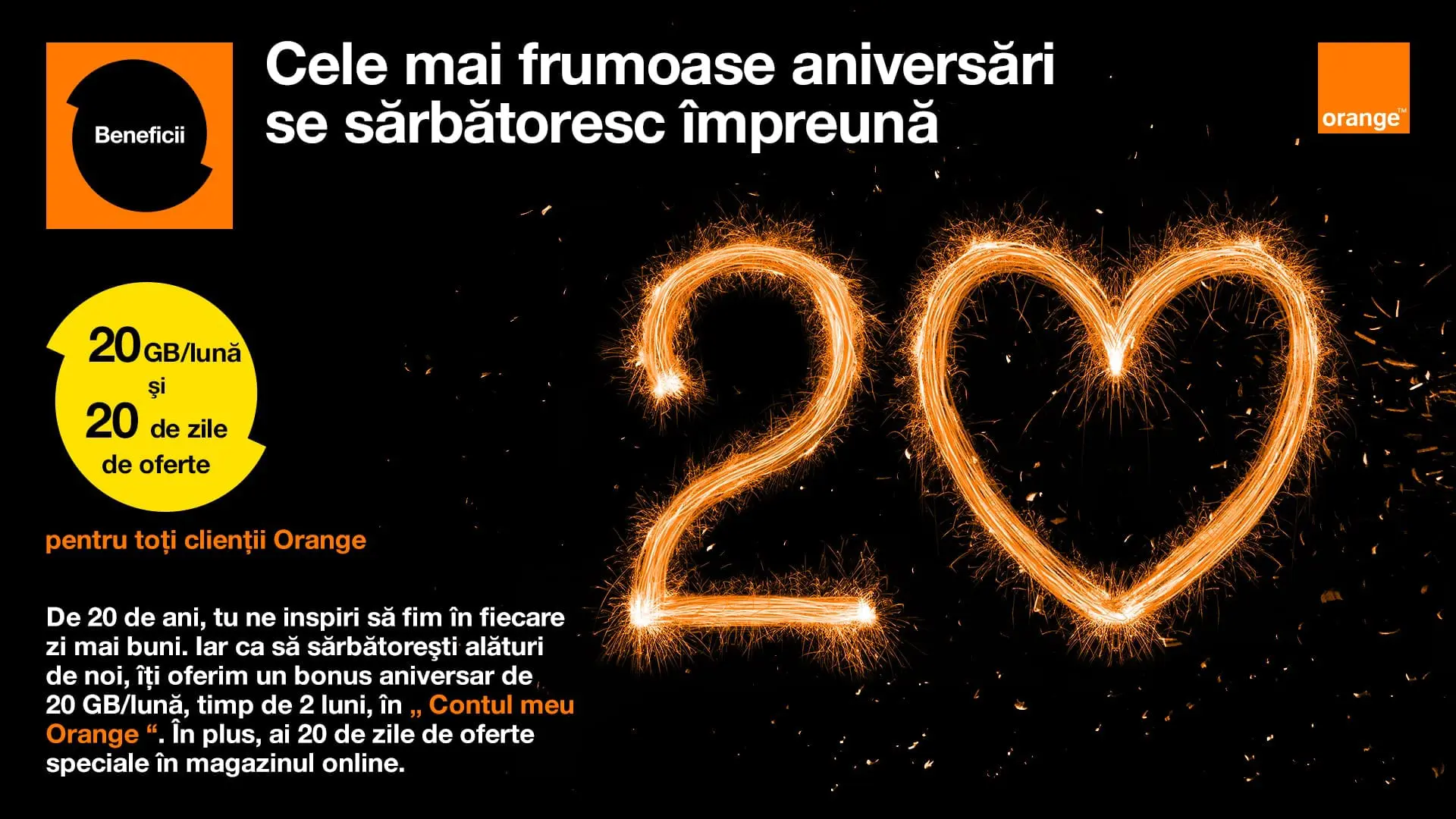 Orange sărbătorește 20 de ani și răsplătește loialitatea utilizatorilor 20 GB/lună, timp de 2 luni