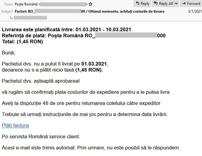 Tentativă de phishing Poșta Română