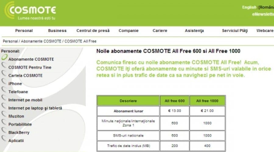 Cosmote All Free: Doua noi abonamente cu 600, respectiv 1000 minute nationale si internationale