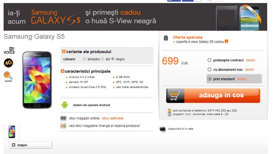 Update: Samsung Galaxy S5 este disponibil în stocul Orange, cu livrare din 11 aprilie