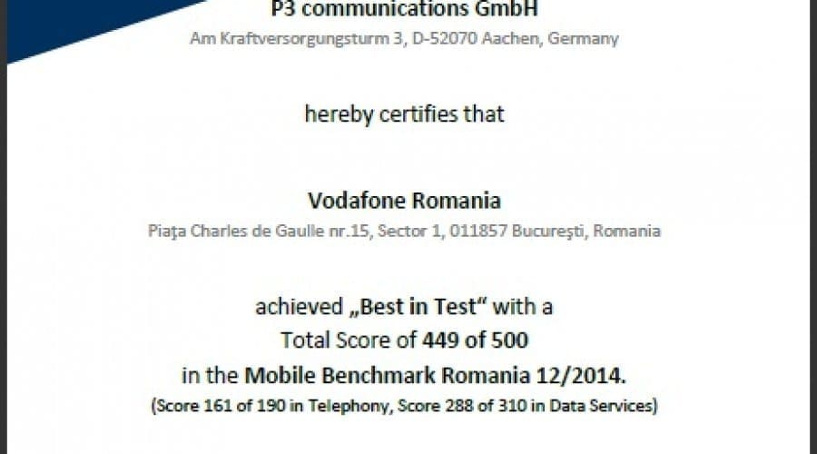 Vodafone, certificată pentru cel mai bun punctaj al serviciilor de date și telefonie mobilă din România